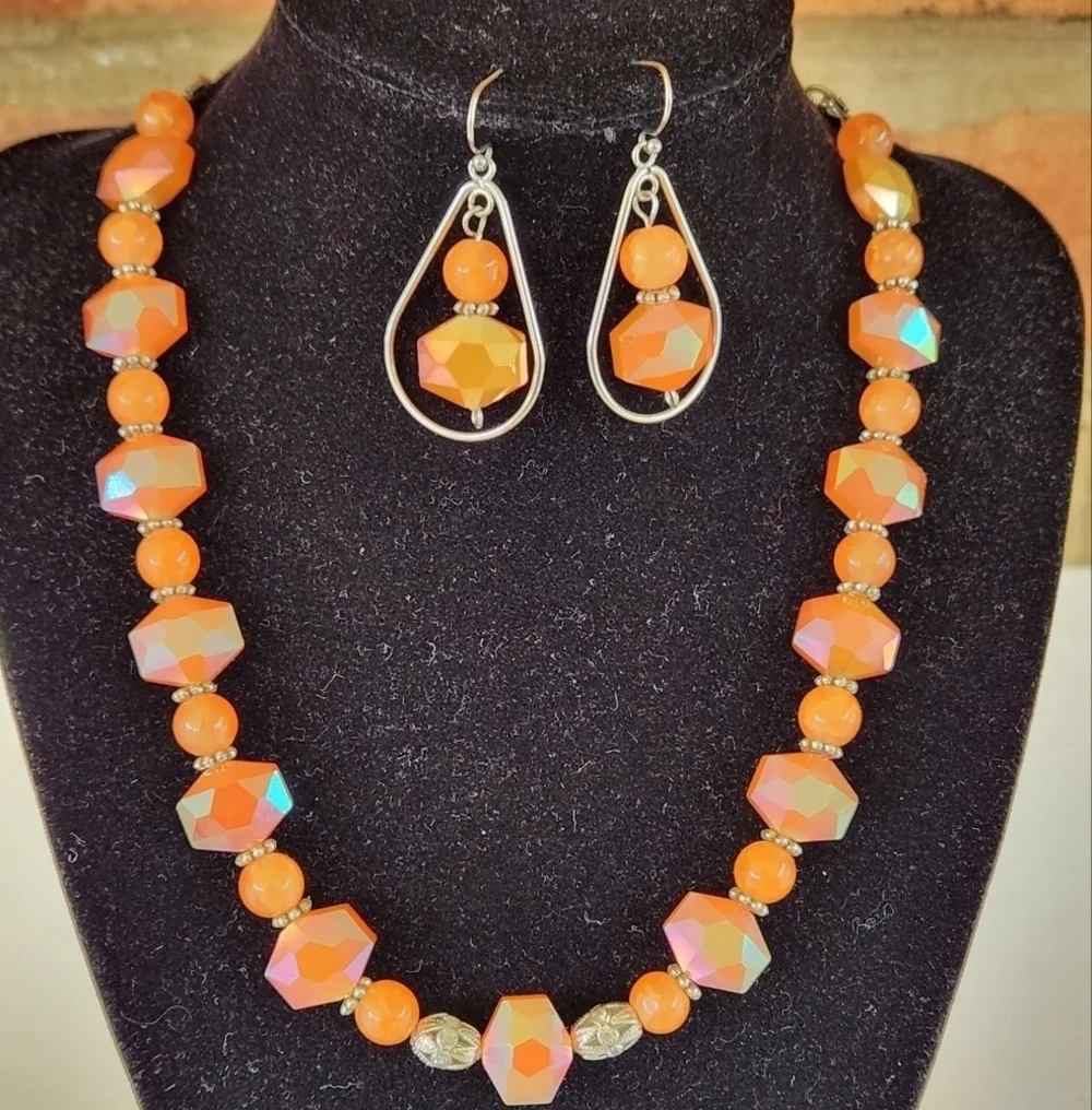 Hand Crafted Necklace and Pierced Orange Beaded Earrings Silver Accents